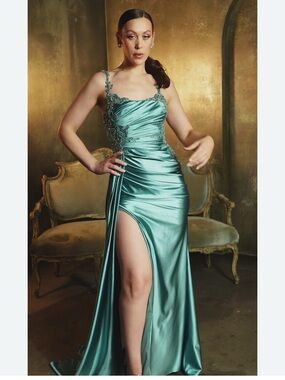 May Queen Teal Satin Maxi Dress with Lace Appliqué and Thigh Slit